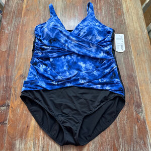 Trimshaper Blue Tie-Dye One Piece Swimsuit 24W NWT